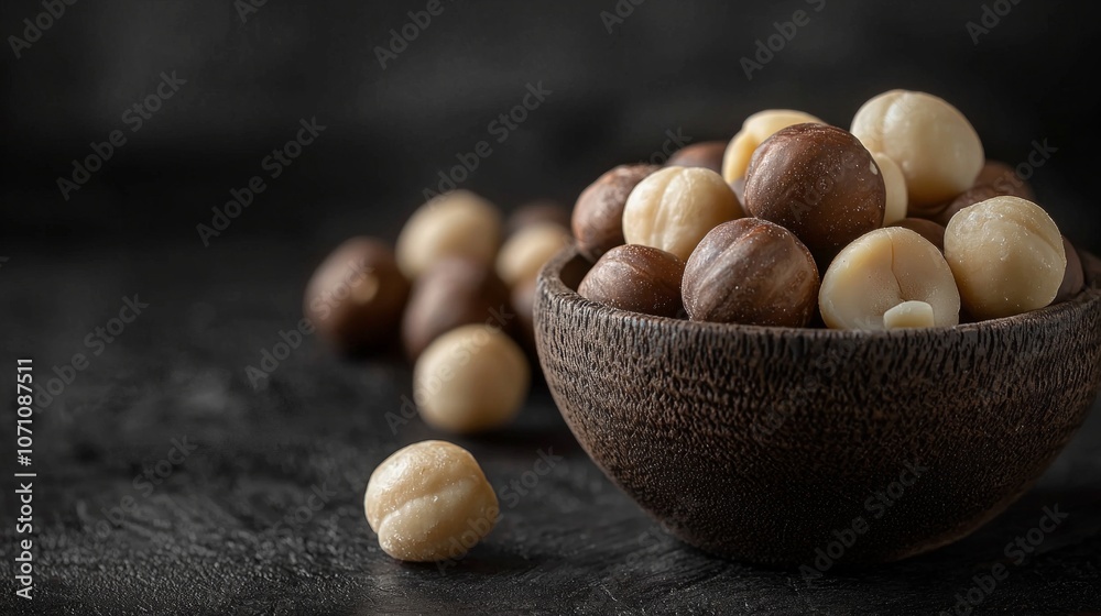 close up macadamia nuts arranged rustic bowl dark backdrop showcasing distinct colors and textures nuts soft lighting. close up macadamia nuts arranged rustic bowl dark backdrop showcasing distinct colors and textures nuts soft lighting.