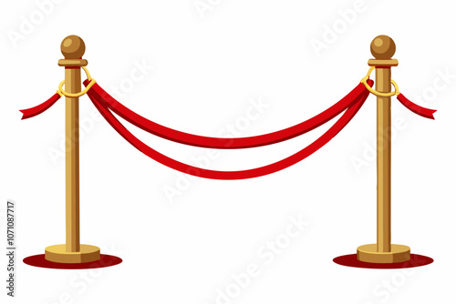 Vector realistic golden barrier rope barrier with red velvet rope. Isolated on white background