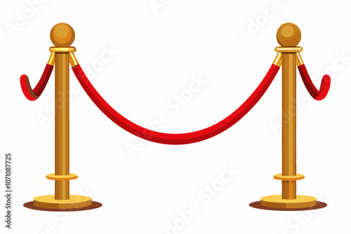 Vector realistic golden barrier rope barrier with red velvet rope. Isolated on white background