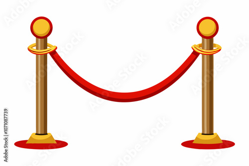 Vector realistic golden barrier rope barrier with red velvet rope. Isolated on white background