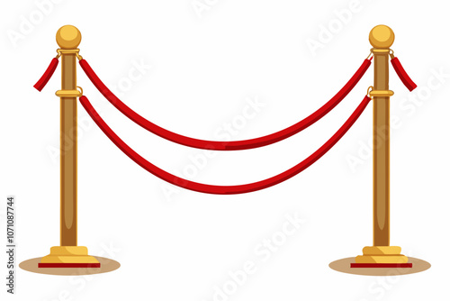 Vector realistic golden barrier rope barrier with red velvet rope. Isolated on white background