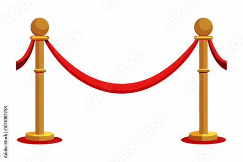 Vector realistic golden barrier rope barrier with red velvet rope. Isolated on white background