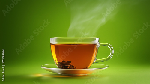 A steaming mug of tea against a green background, with gentle wisps of steam rising, evoking a peaceful and refreshing atmosphere.