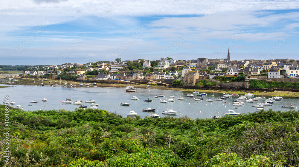 A scenic view of a coastal town of Conquet, Brittany, with numerous boats anchored in a calm bay, surrounded by lush greenery. A scenic view of a coastal town of Conquet, Brittany, with numerous boats anchored in a calm bay, surrounded by lush greenery.