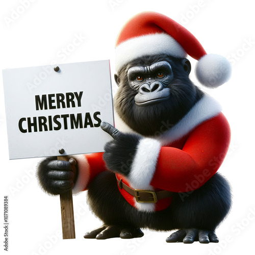 A cheerful gorilla in a Santa costume holding a Merry Christmas sign, symbolizing holiday spirit and fun photo