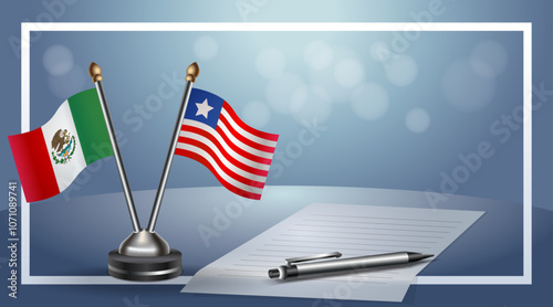 Mexico and Liberia Small national flag on bokeh background, cooperative relationship