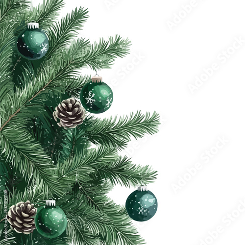 Vibrant Closeup of Green Christmas Tree Decorated with Ball, Festive Holiday Scene