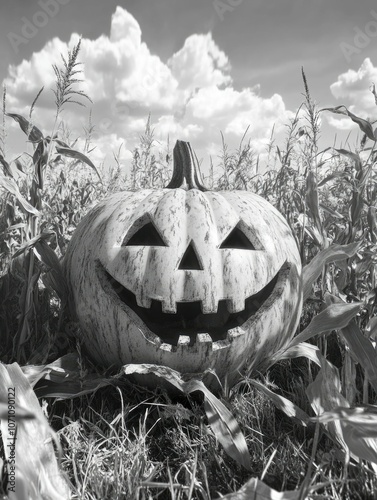 Halloween Jack-o'-lantern in a cornfield photo