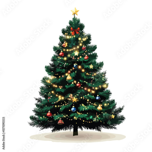 Glowing Christmas Tree with Ornaments Vector Illustration