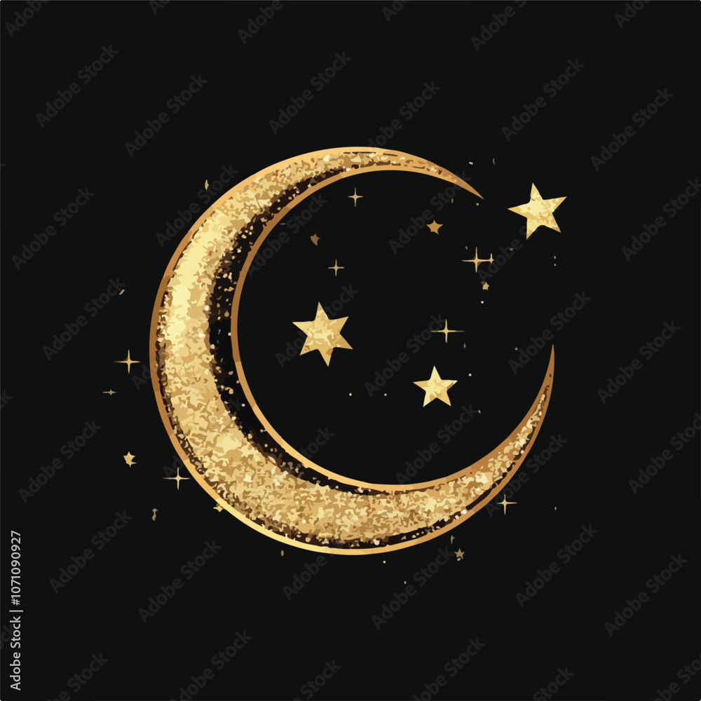Naklejka premium Golden Moon and Star with Glitter, Islamic Golden Style