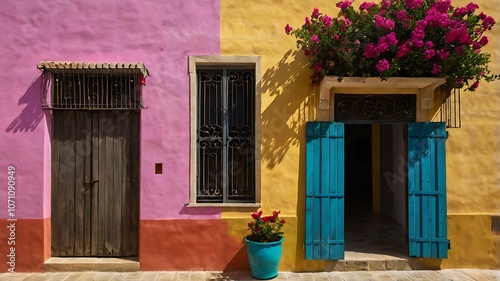 Fototapeta Naklejka Na Ścianę i Meble -  Colorful houses with wooden doors and flowers on the wall
