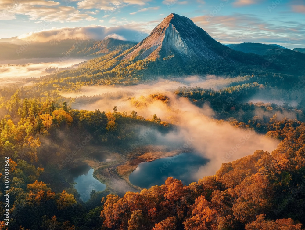 Fototapeta premium Aerial view of a mountain, river, and forest landscape