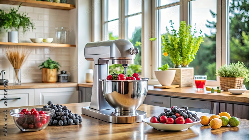 Modern kitchen mixer sitting on a countertop with assorted berries in a cozy, well-lit kitchen , modern, kitchen, mixer