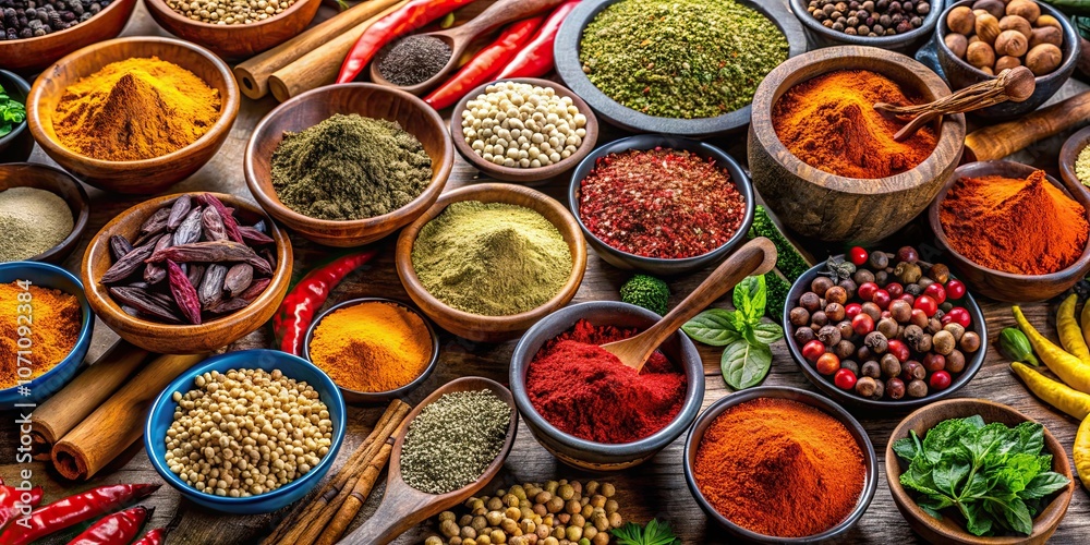 A close-up shot of various colorful spices and condiments for food preparation, spices, condiments, cooking A close-up shot of various colorful spices and condiments for food preparation, spices, condiments, cooking