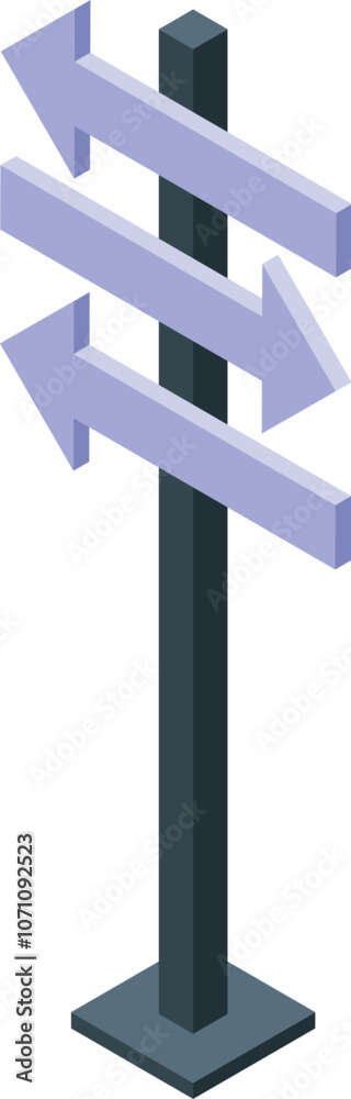 Isometric road sign with arrows pointing in opposite directions, symbolizing choices, navigation, and decision making Isometric road sign with arrows pointing in opposite directions, symbolizing choices, navigation, and decision making