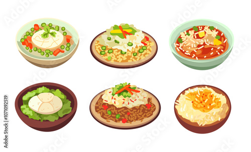 Various rice dishes on plates and bowls, collection food clip art vector, food set illustration