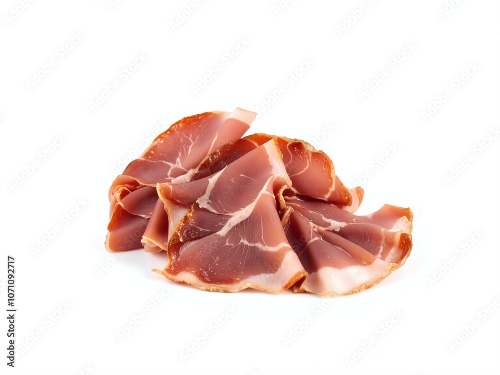 Elegant Sliced Prosciutto Arranged on a Clean White Background Elegant Sliced Prosciutto Arranged on a Clean White Background