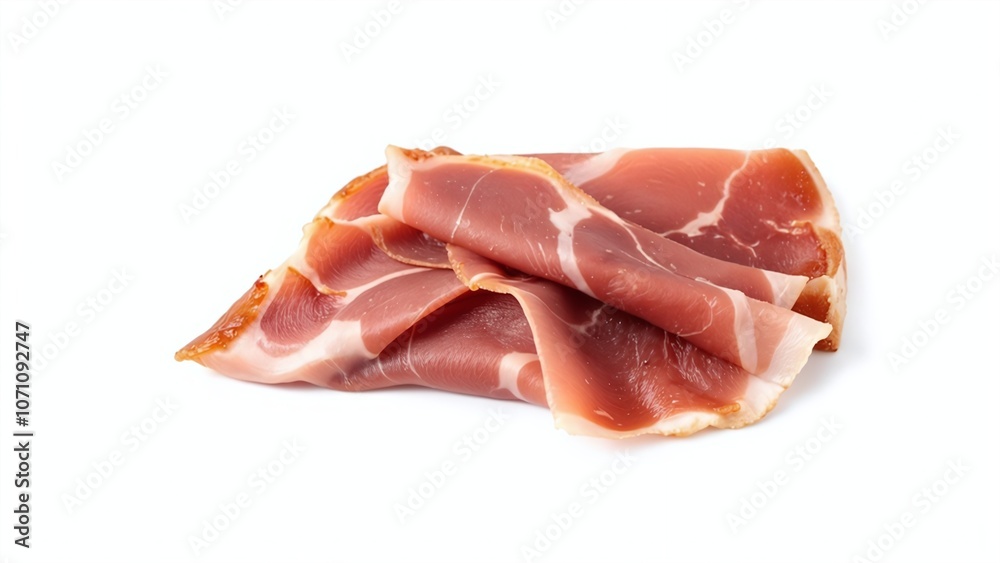 Elegantly Arranged Prosciutto Slices Isolated on a Clean White Background Elegantly Arranged Prosciutto Slices Isolated on a Clean White Background