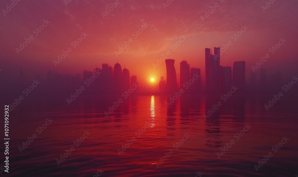 Doha skyline Qatar during a serene sunset Doha skyline Qatar during a serene sunset