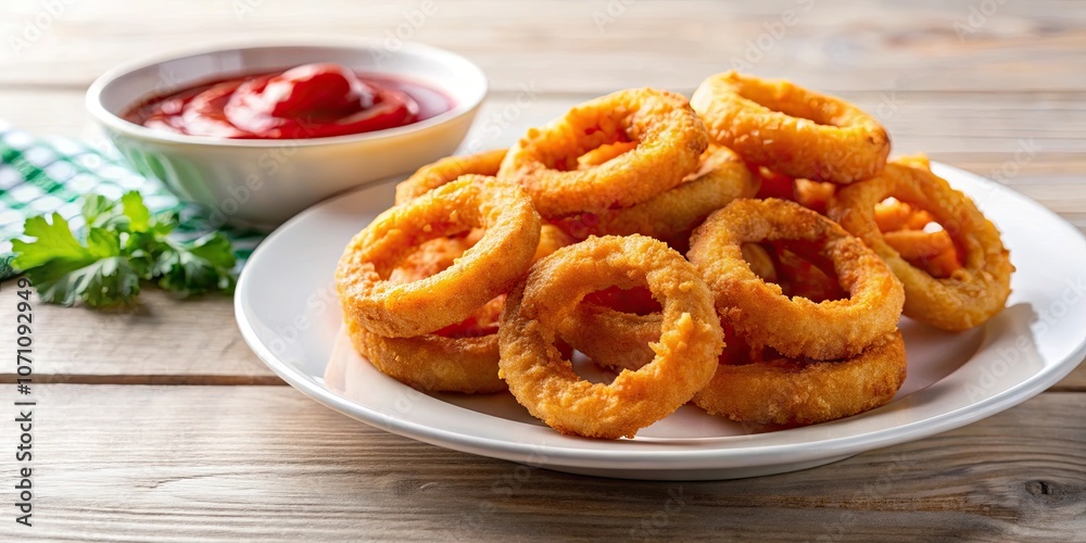 Fried onion rings with red sauce on a white plate , crispy, delicious, side dish, appetizer, snack, fast food Fried onion rings with red sauce on a white plate , crispy, delicious, side dish, appetizer, snack, fast food