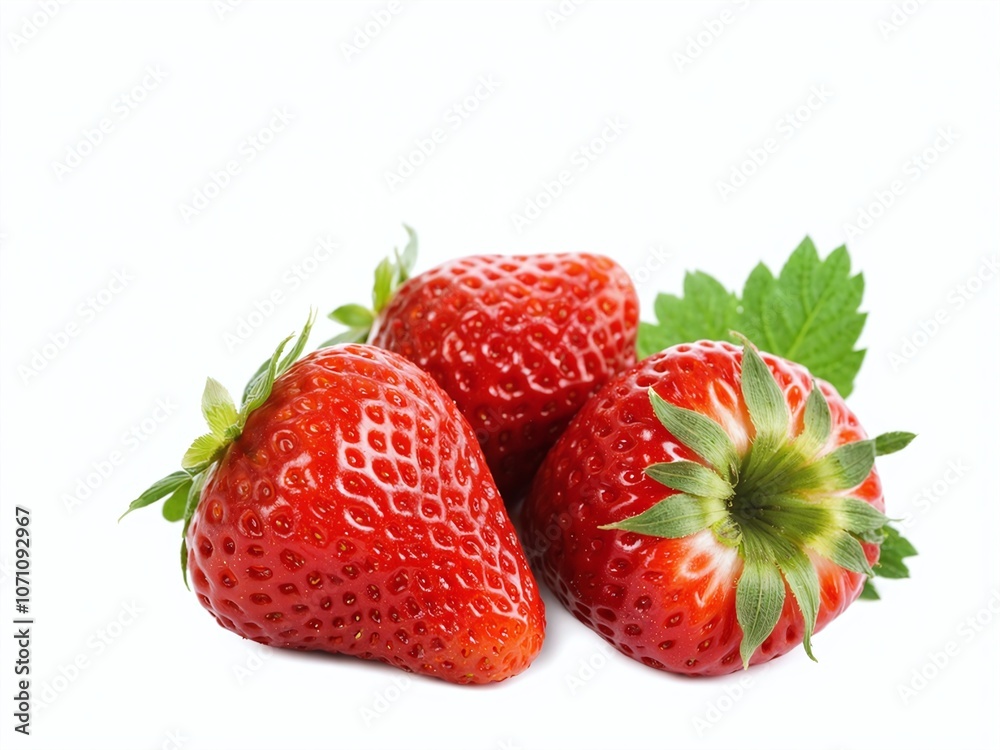 Fresh and Juicy Ripe Strawberries with Green Leaves, Captured on a White Background Fresh and Juicy Ripe Strawberries with Green Leaves, Captured on a White Background