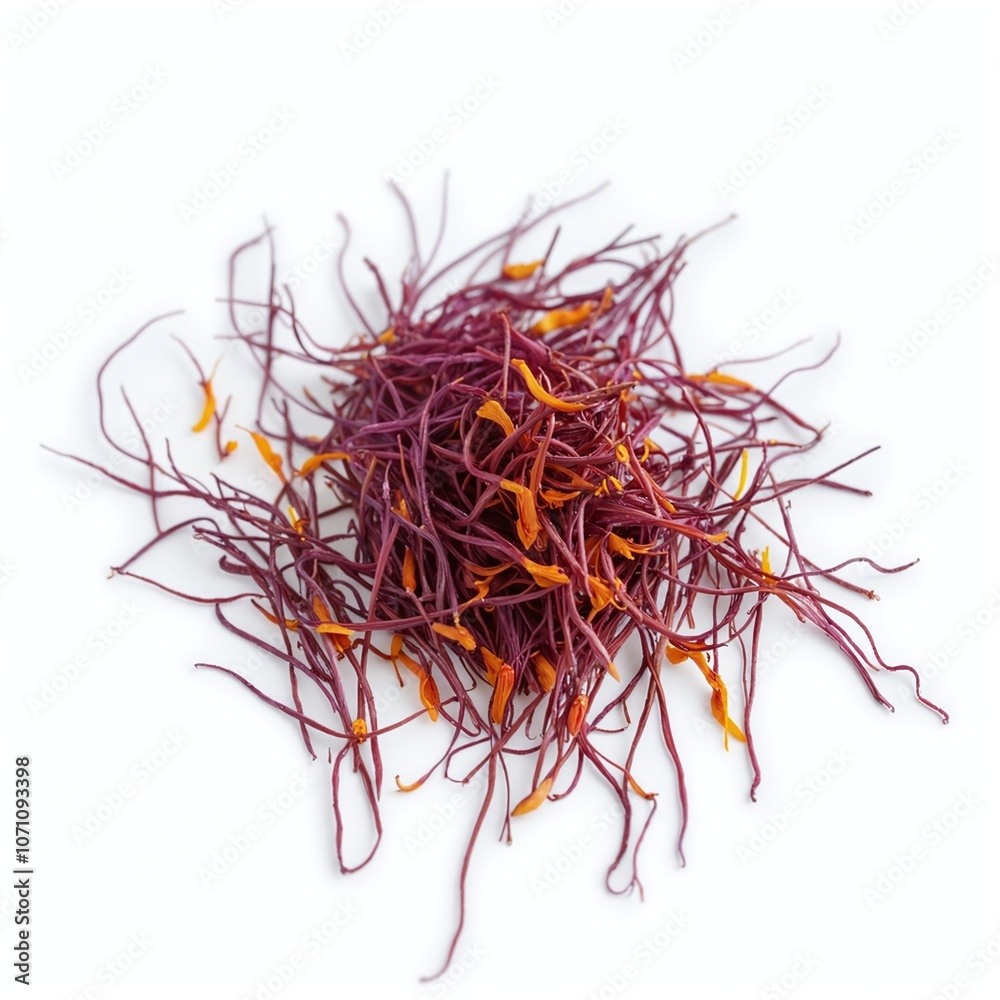 Naklejka premium Vibrant Saffron Threads Isolated on a Clean White Background Showcasing Delicate Texture and Structure