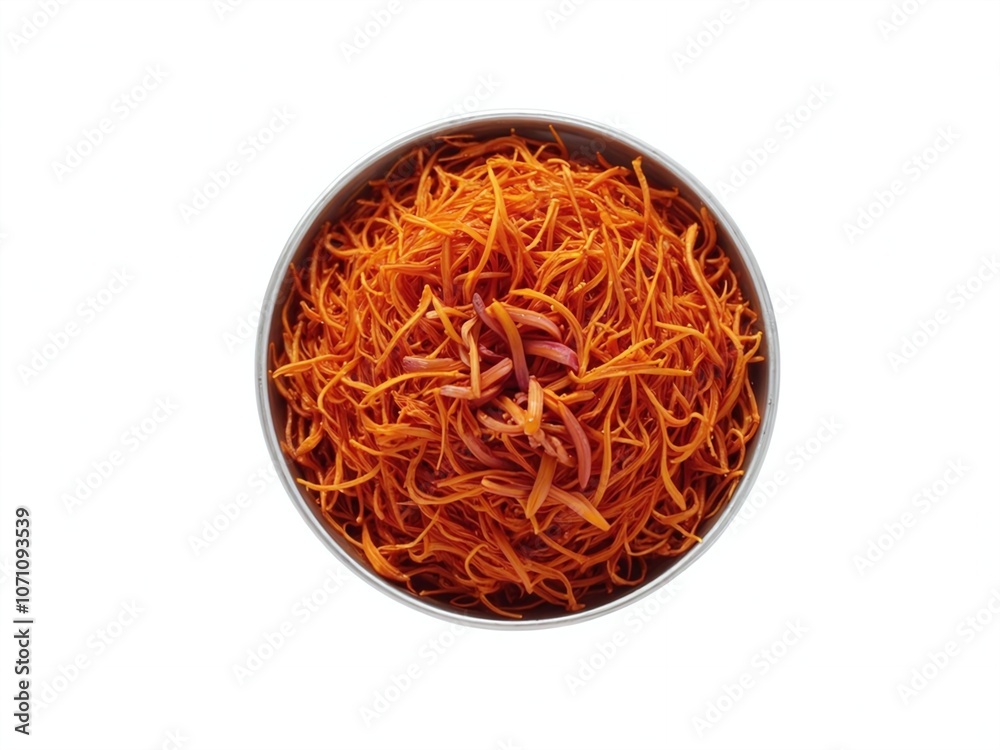 Fototapeta premium Delicate Saffron Threads Inside Round Metal Container Isolated on White Background