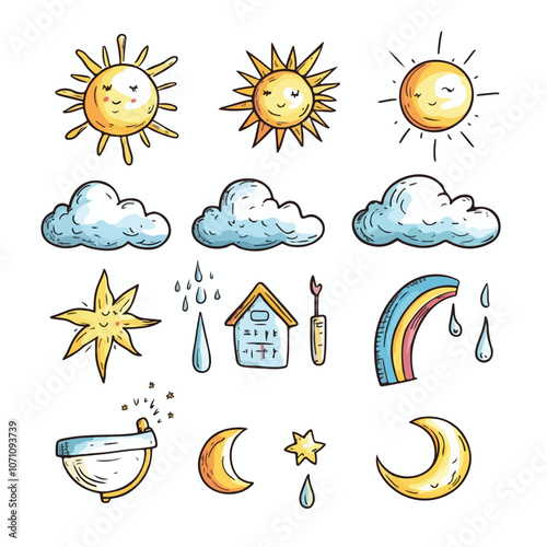 Weather Cartoon Set with Cute Hand Drawn Sun and Cloud Characters