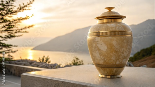 Golden funeral urn against beautiful sunset nature background in mountains photo