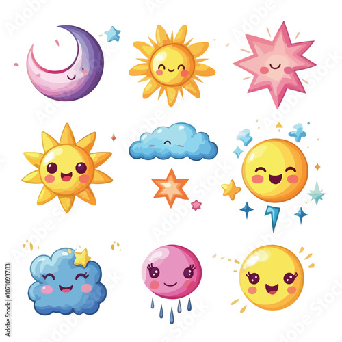 Weather Cartoon Characters Set: Cute Kawaii Style