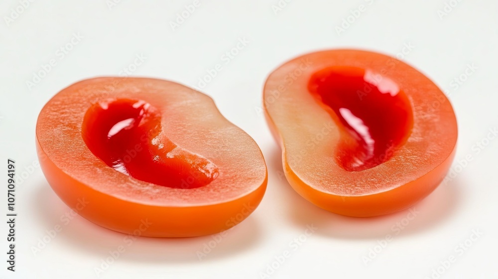 Close-Up of Kidney-Shaped Fruit with Vibrant Red Interior on White Background, Symbolizing Kidney Health. Sliced Fruit with Portion Removed, Providing Copy Space, Highlighted with Shallow Depth of Fie Close-Up of Kidney-Shaped Fruit with Vibrant Red Interior on White Background, Symbolizing Kidney Health. Sliced Fruit with Portion Removed, Providing Copy Space, Highlighted with Shallow Depth of Fie