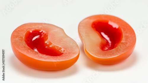 Close-Up of Kidney-Shaped Fruit with Vibrant Red Interior on White Background, Symbolizing Kidney Health. Sliced Fruit with Portion Removed, Providing Copy Space, Highlighted with Shallow Depth of Fie