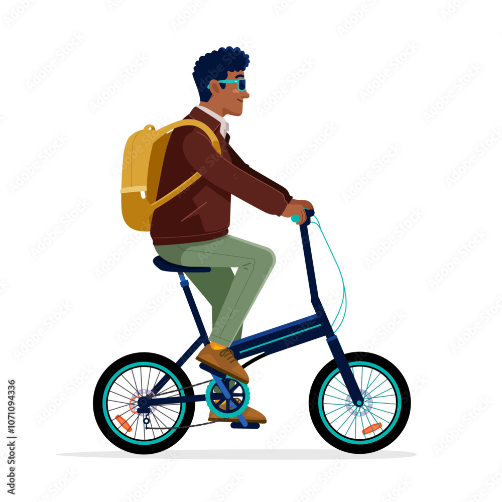 Young Man Commuting on a Compact Bicycle with Backpack - Colorful Urban Lifestyle Vector Illustration on transparent background Young Man Commuting on a Compact Bicycle with Backpack - Colorful Urban Lifestyle Vector Illustration on transparent background