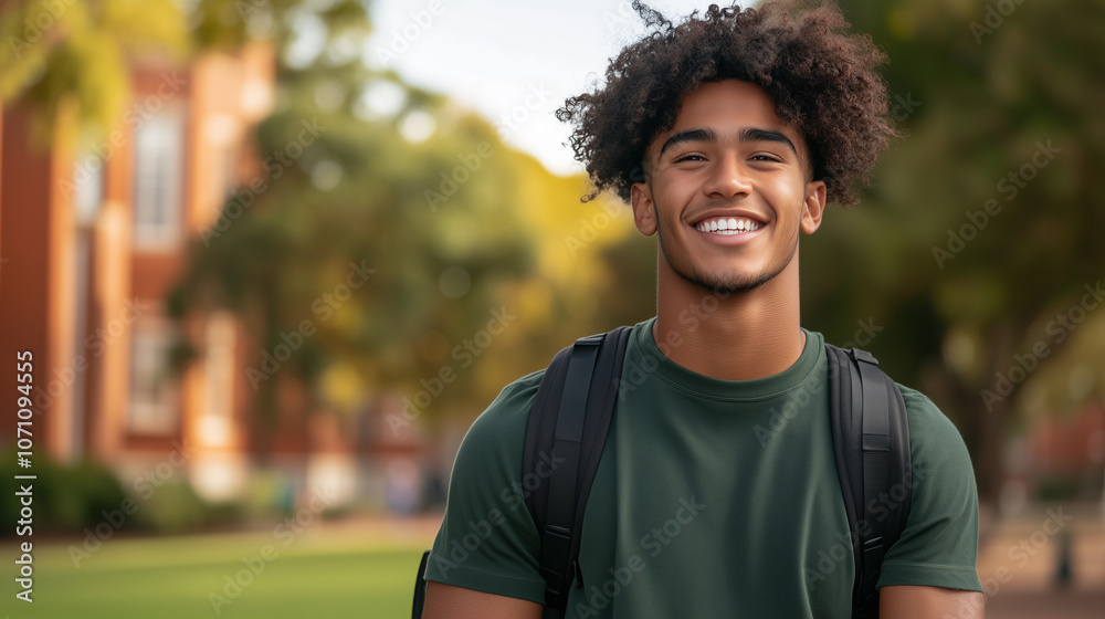 Fototapeta premium young man with curly hair smiles brightly while wearing backpack, set against backdrop of trees and buildings, conveying sense of joy and confidence.