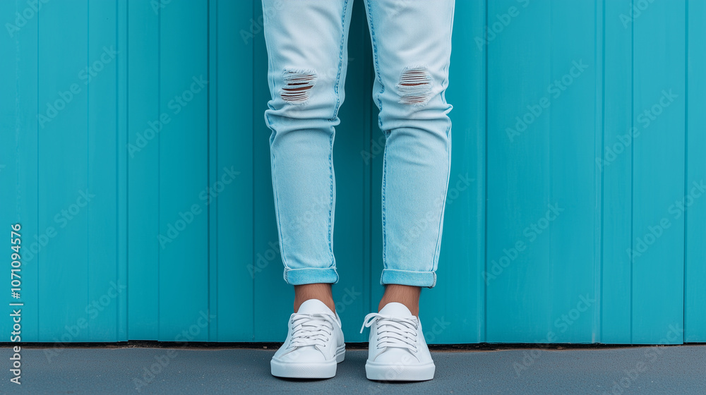 Stylish white sneakers paired with ripped light blue jeans create trendy look against vibrant turquoise background. This outfit is perfect for casual outings.