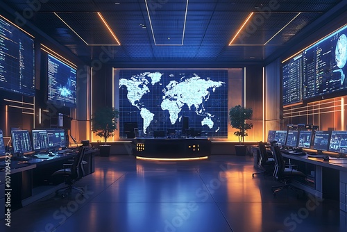 Global Network Command Center: A futuristic and sleek command center with a large world map display. This image evokes a sense of global reach, control, and technological prowess. 