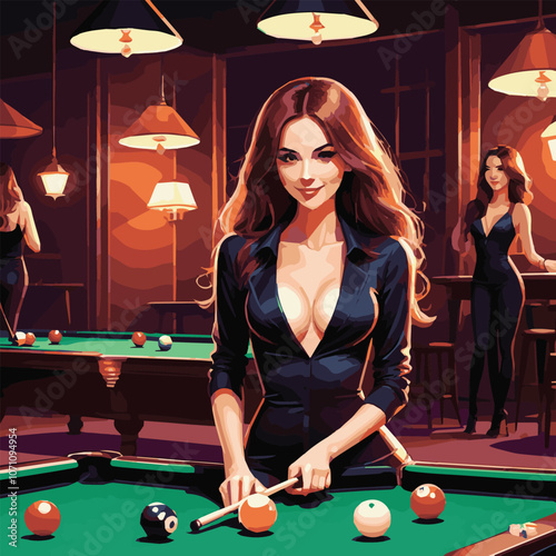 Young graceful girl invites to play game of american pool. Beautiful girl sits on billiard table in room. She has elegant figure, long legs and sexuality lips. Color vector graphic.	