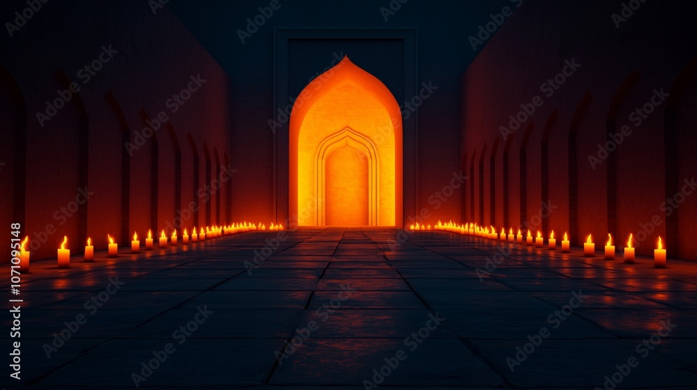 Fototapeta premium Glowing Archway with Candles in a Dark Hallway