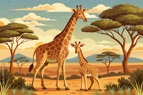 A mother giraffe with her baby