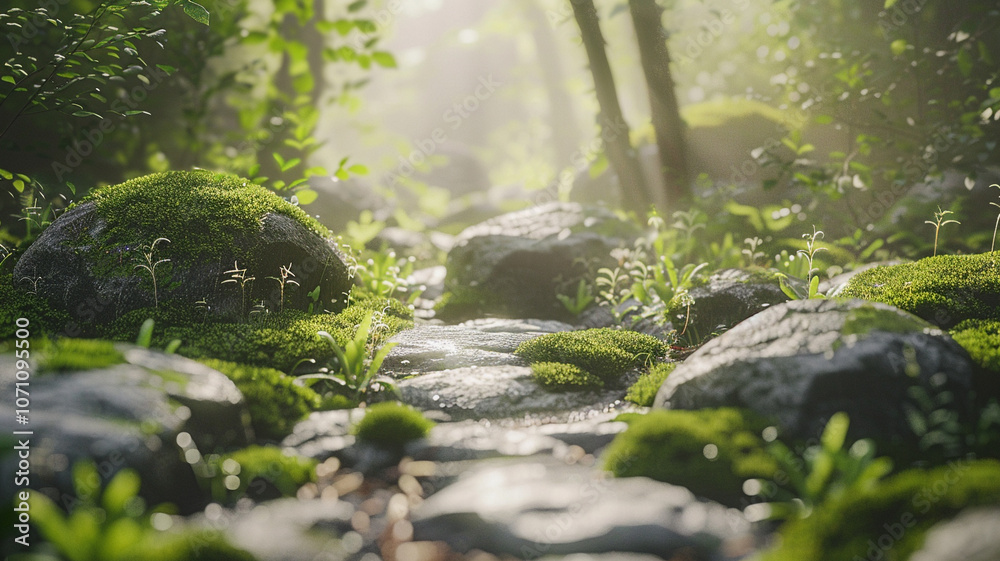A collection of smooth stones draped in vibrant green moss, evoking tranquility in a peaceful woodland environment. A collection of smooth stones draped in vibrant green moss, evoking tranquility in a peaceful woodland environment.