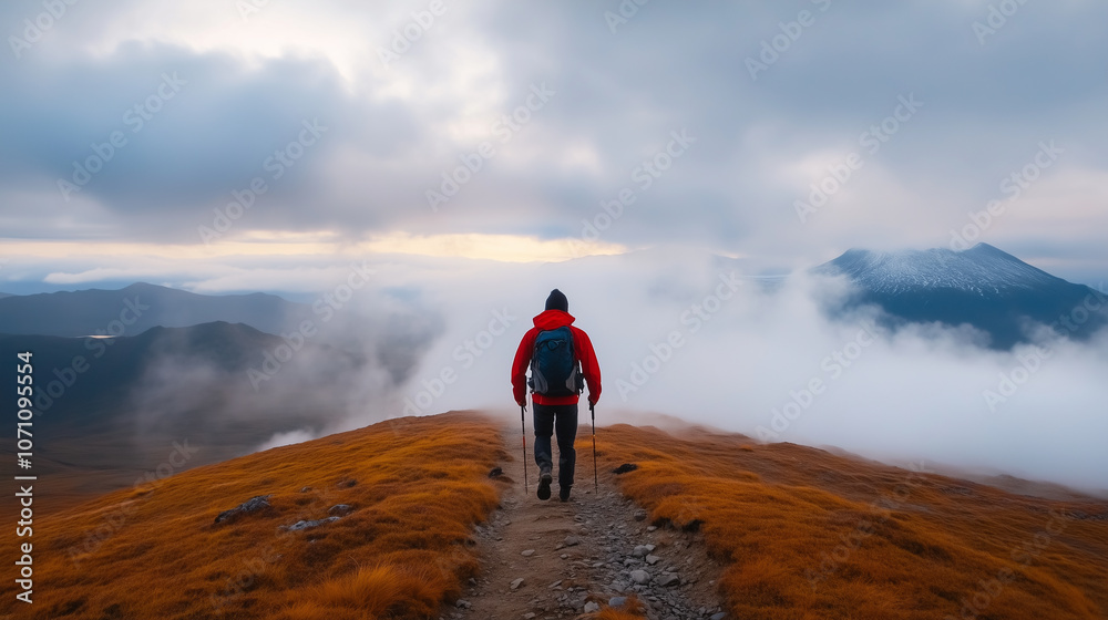 Obraz premium person hiking on mountain trail surrounded by clouds and scenic views. landscape features golden grass and distant peaks, creating serene atmosphere.