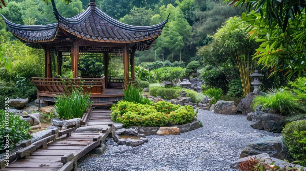 Fototapeta premium The tranquil pavilion is set in lush gardens with vibrant greenery and walking paths.
