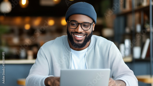 smiling man with glasses and beanie is working on laptop in cozy cafe, exuding sense of happiness and focus. warm atmosphere enhances his cheerful demeanor.