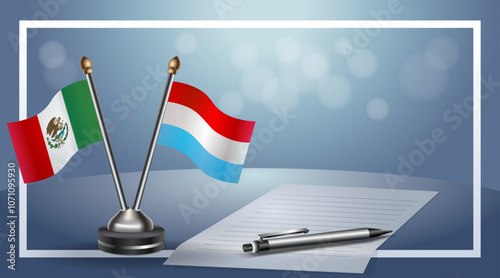 Mexico and Luxembourg Small national flag on bokeh background, cooperative relationship