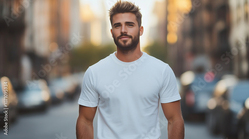 confident man stands on city street during sunset, wearing plain white t shirt. warm light creates vibrant atmosphere, highlighting his relaxed demeanor.
