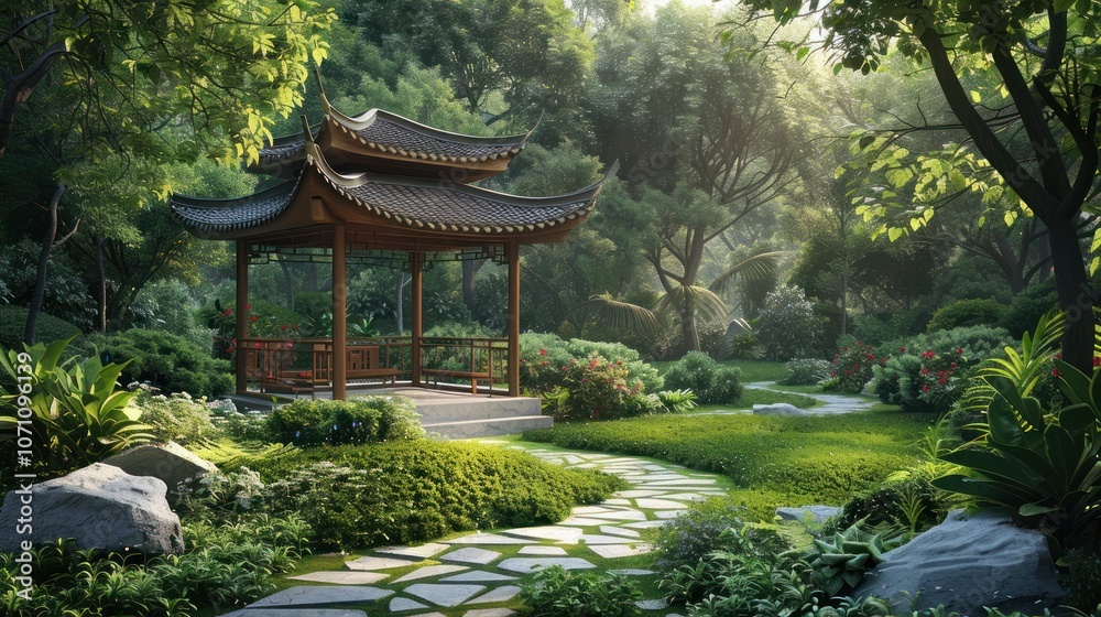 The tranquil pavilion is set in lush gardens with vibrant greenery and walking paths. The tranquil pavilion is set in lush gardens with vibrant greenery and walking paths.