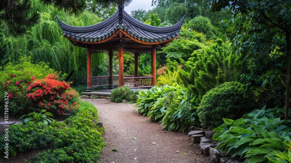 The tranquil pavilion is set in lush gardens with vibrant greenery and walking paths. The tranquil pavilion is set in lush gardens with vibrant greenery and walking paths.