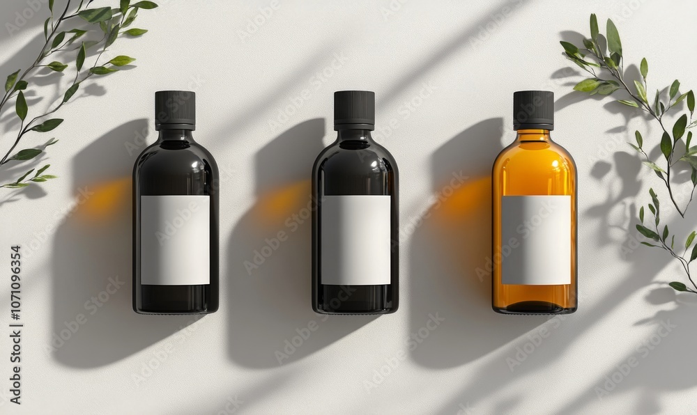A mockup featuring black, white, and amber bottles isolated on a white background. Suitable for various purposes such as medical, cosmetic, and food packaging. Rendered in vector A mockup featuring black, white, and amber bottles isolated on a white background. Suitable for various purposes such as medical, cosmetic, and food packaging. Rendered in vector