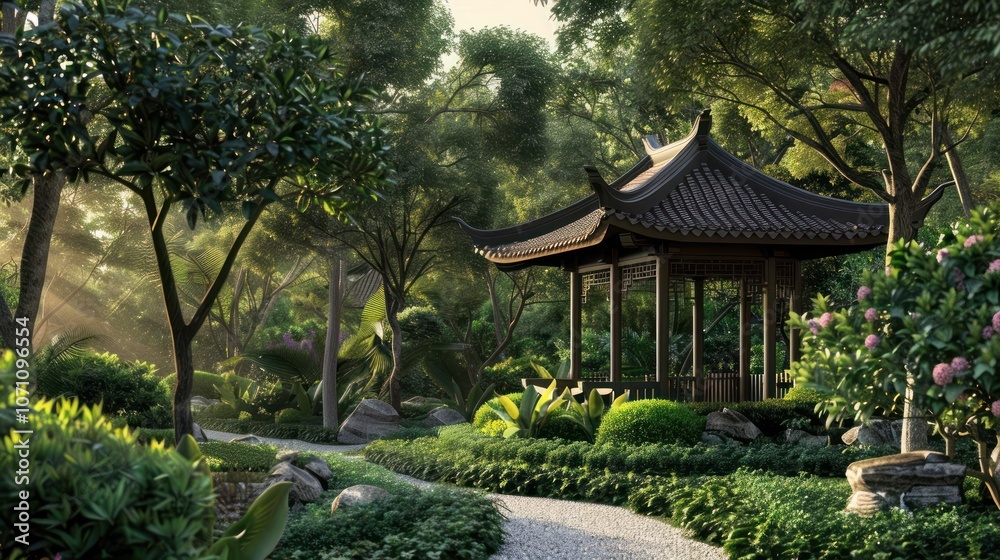 The tranquil pavilion is set in lush gardens with vibrant greenery and walking paths. The tranquil pavilion is set in lush gardens with vibrant greenery and walking paths.
