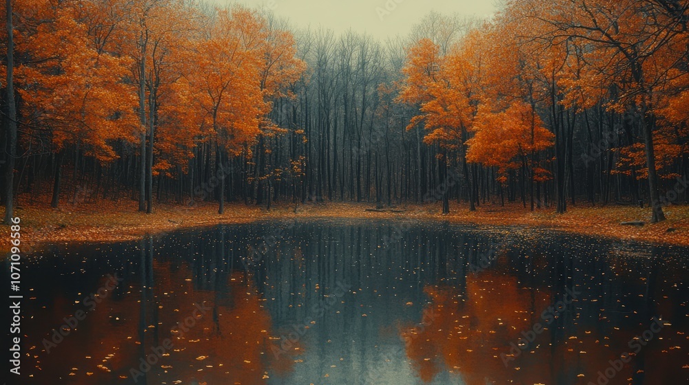 Fototapeta premium Tranquil Forest Scene with Lake and Autumn Colors